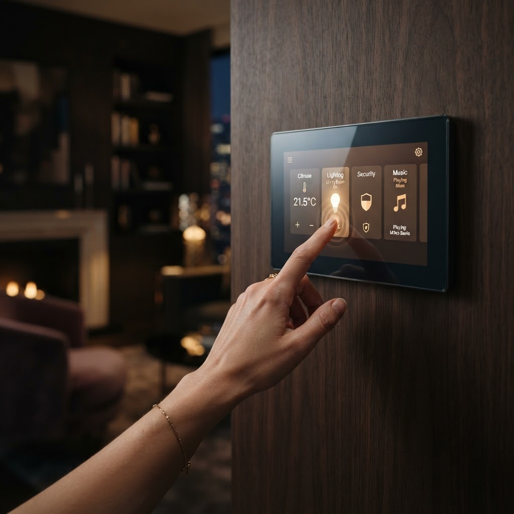Hand touching a glowing smart home control touchscreen panel