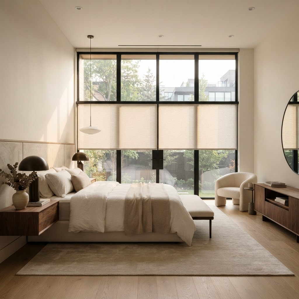 Automated motorized shades in a luxury bedroom with soft morning light
