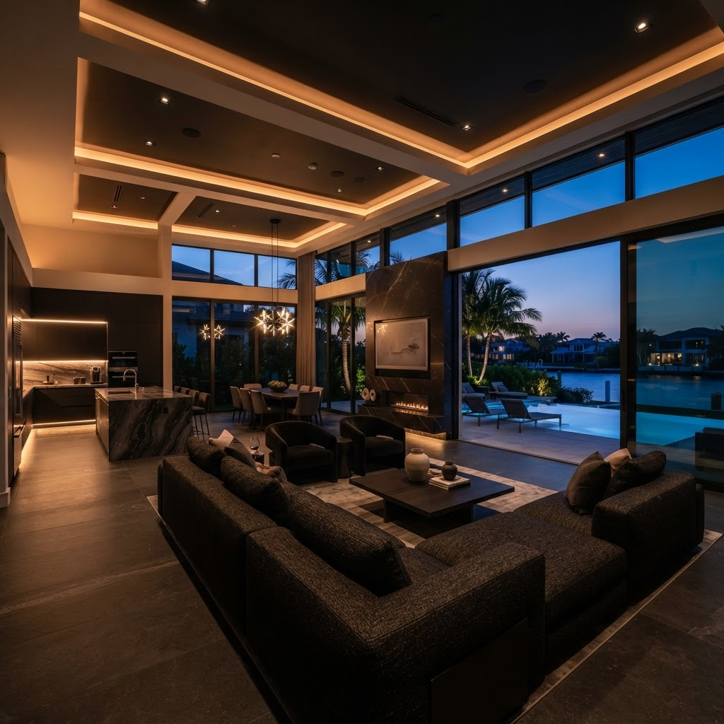 Luxury Florida living room at dusk with warm integrated smart lighting